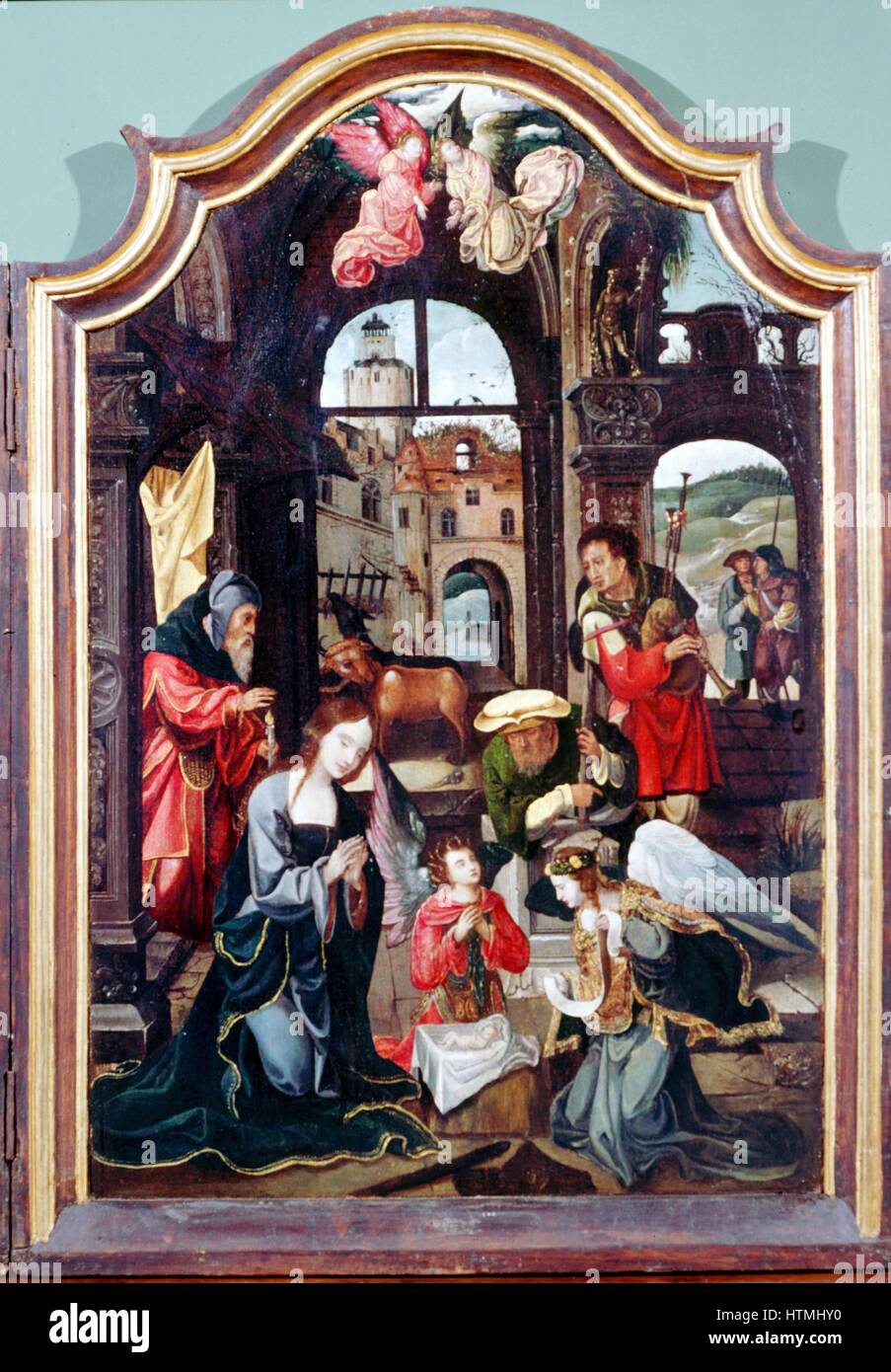 "Anbetung der Hirten" Triptychon zurückzuführen auf flämischen Künstler Cornelis Englebrechtsen (Engelberts 1468-1533). Die Mitteltafel zeigt die Anbetung im Stall mit Maria, Joseph, Jesuskind, Engel, Hirten (mit Dudelsack) und Ochsen. . Öl auf Holz. Stockfoto