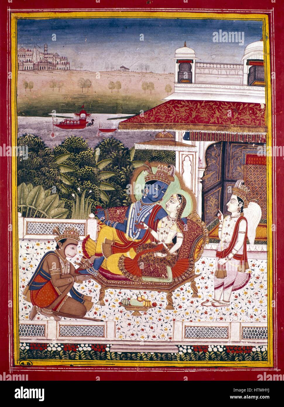 Indische Miniatur zeigt Affengott, Krishna und geflügelten Begleiter zu seinen Füßen. Krishna (The Black One) und Avatar des Vishnu.18th Jahrhunderts. Museum der dekorativen Künste, Paris Stockfoto