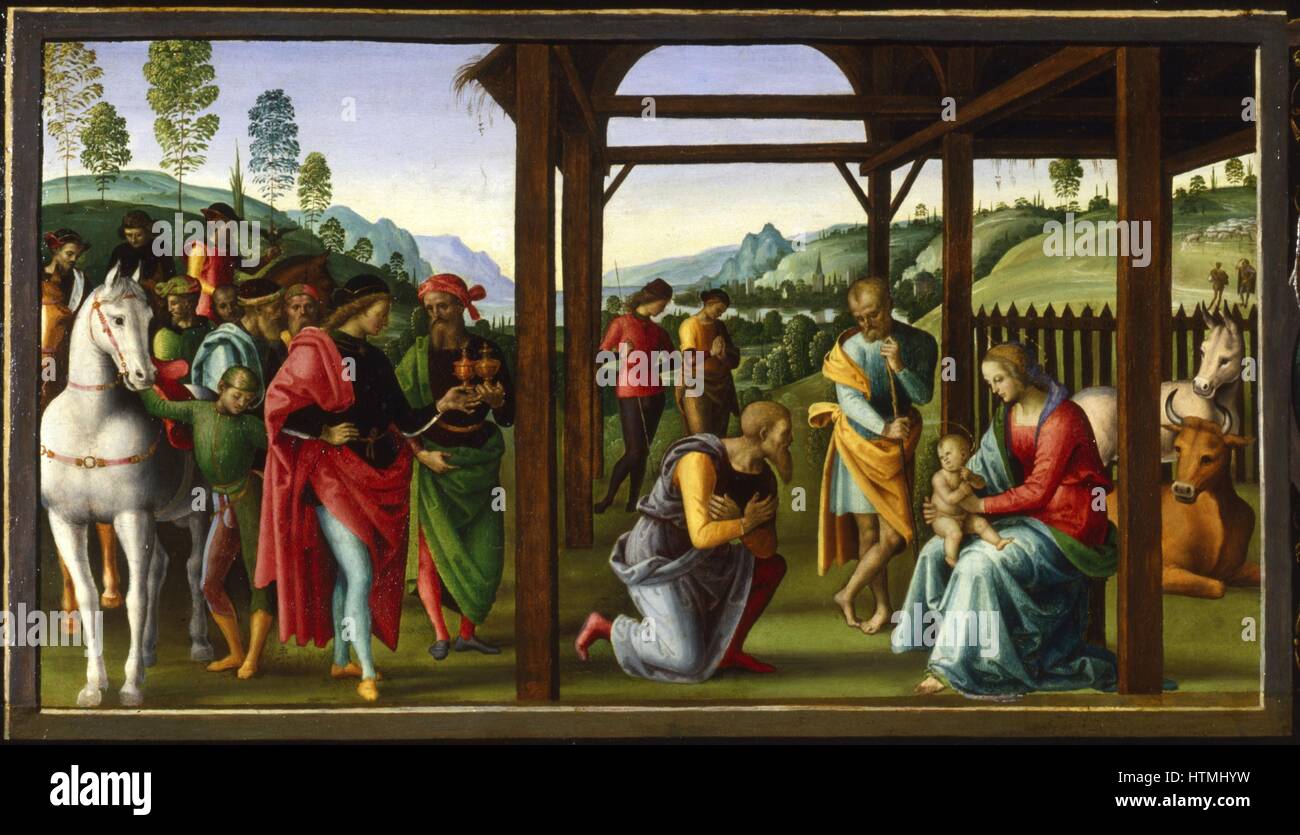 PERUGINO (Pietro Vannucci) italienischer Maler c1450-1523. Die Anbetung der Heiligen drei Könige (1495) Öl n Holz. Musée des Beaux-Arts, Rouen Stockfoto