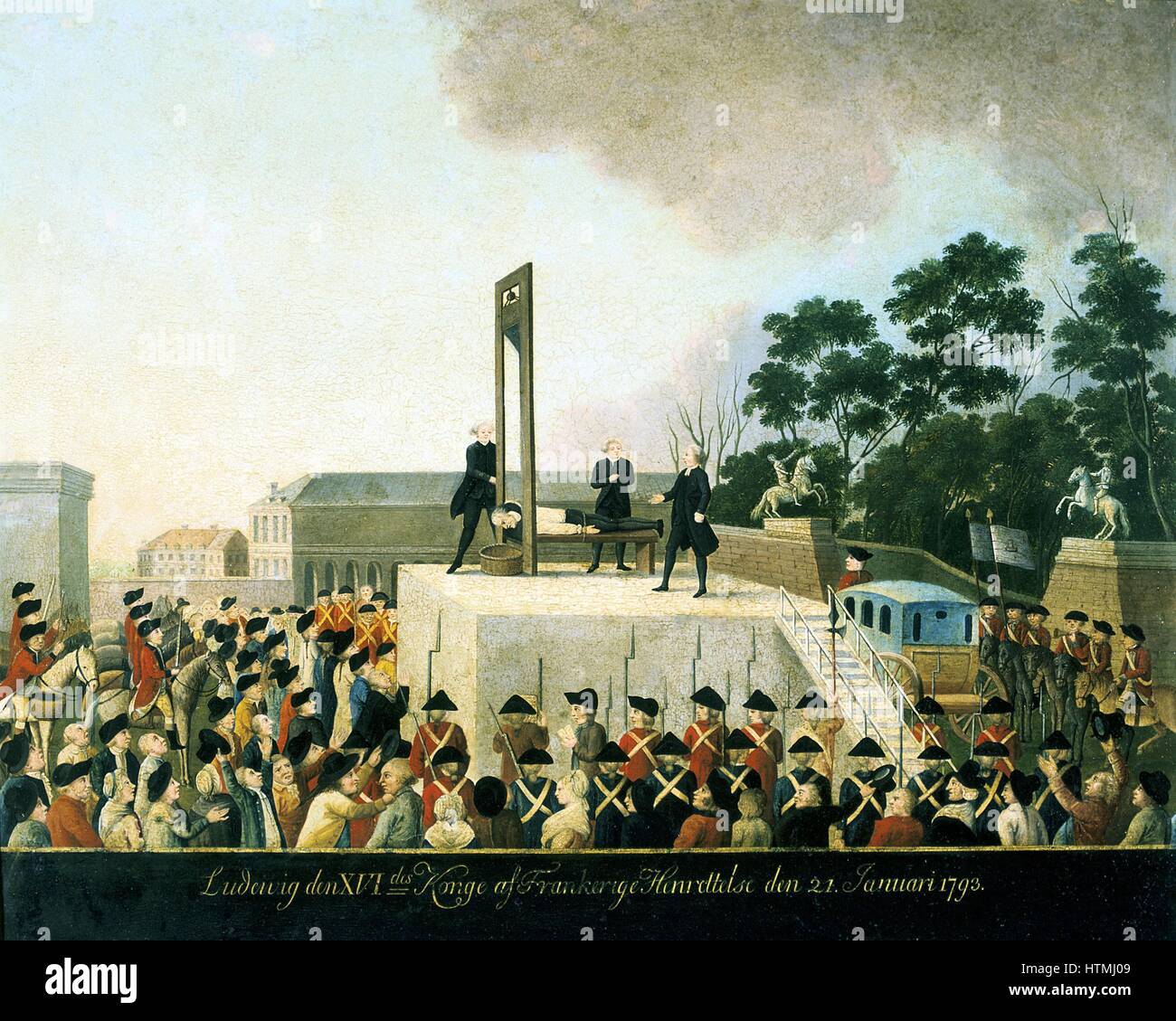 Hinrichtung durch die Guillotine von Louis XVI von Frankreich, 21. Januar 1793. Louis liegend gebunden Guillotine warten Klinge zu fallen und ihn zu enthaupten. Korb bereit, seinen Kopf zu empfangen. Öl auf Kupfer. Carnavalet, Paris Stockfoto