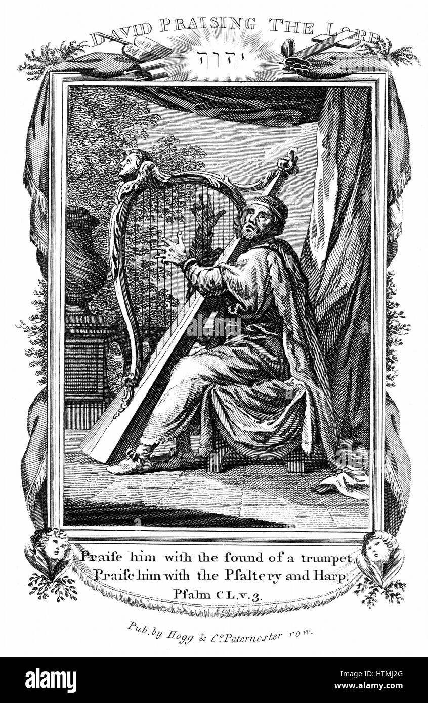 König David den Herrn zu loben und die Harfe zu spielen. "Bibel": Psalmen 150,3. Kupferstich-Gravur-c1808 Stockfoto