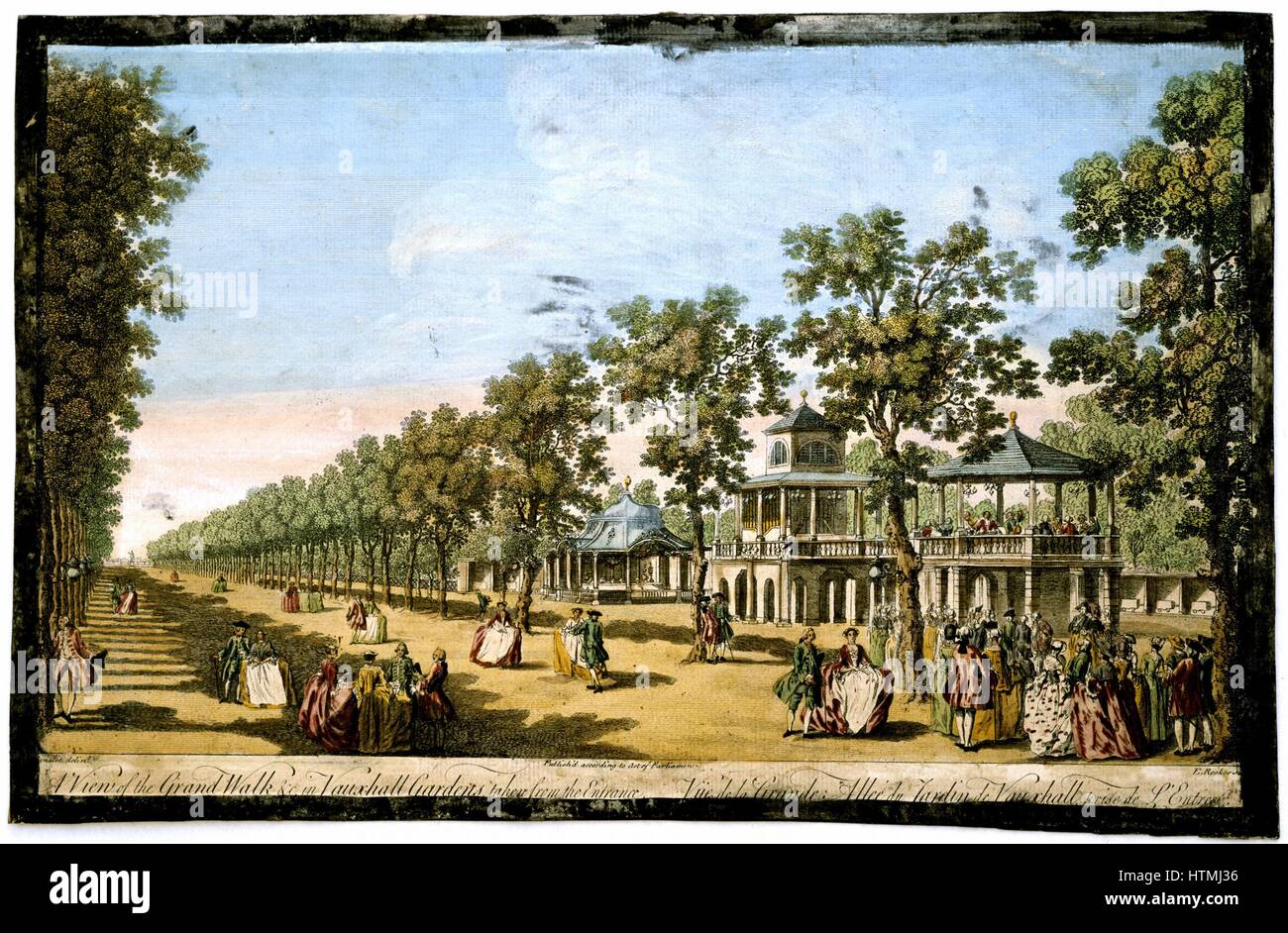 Blick auf den Grand Walk etc. in Vauxhall Gardens genommen vom Eingang ". Vauxhall Gardens war einer der großen Freude von London und dieses Bild von 1751 zeigt eine formale Allee von Bäumen, ein Musikpavillon (rechts) und modisch gekleidete Männer und Frauen. Stockfoto