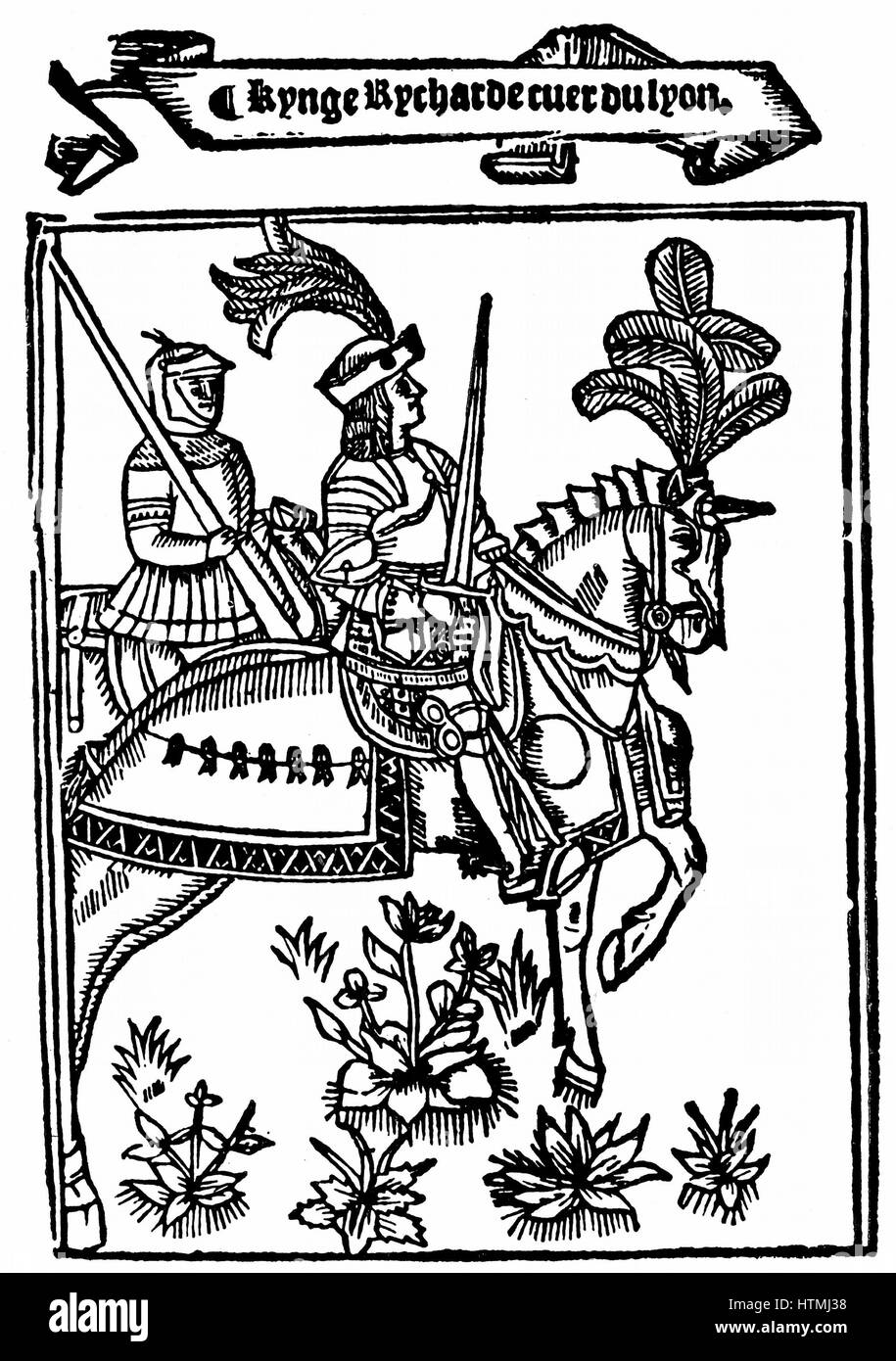 Richard I (1157-99) Coeur de Lion (Löwenherz), König von England von 1189. Von metrischen Romanze "Richard Coeur de Lion" von Wynkyn de Worde (dc1535), London, 1528 gedruckt. Holzschnitt zeigt Richard in Rüstung auf aufgezäumtes Pferd montiert. Stockfoto