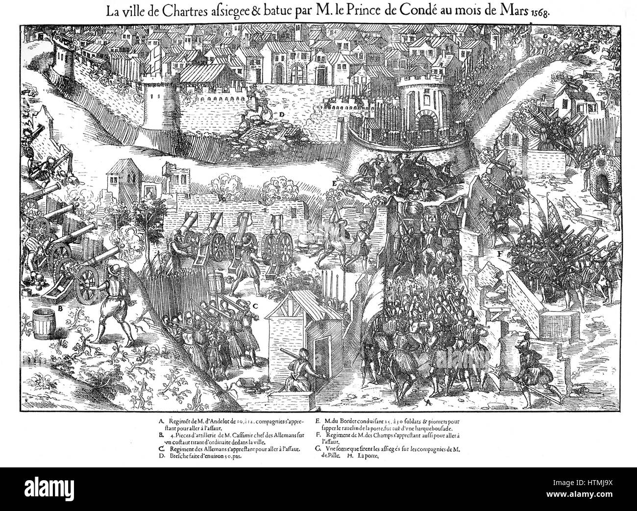 Französischen Sie Religionskriege 1562-1598. Belagerung von Chartres. Hugenotten belagert Chartres am Ende Februar 1568, Verletzung der Nordwand mit Artillerie. Angriff am 7. März nicht erfolgreich gestartet. Sapper arbeiten, um die Bastion gehörende Stadt körpereigenen untergraben Stockfoto