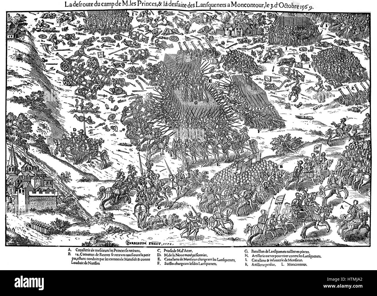Französischen Sie Religionskriege 1562-1598. Schlacht von Montcontour 3 Oktober 1569. Hugenotten unter Gaspard Coligny (1519-1572) nahm schwere Verluste während der Niederlage von Katholiken unter König Heinrich, Duc d ' Anjou (1551-1580), Henry III von Frankreich von 1574. Im Vordergrund rechts, Hugu Stockfoto