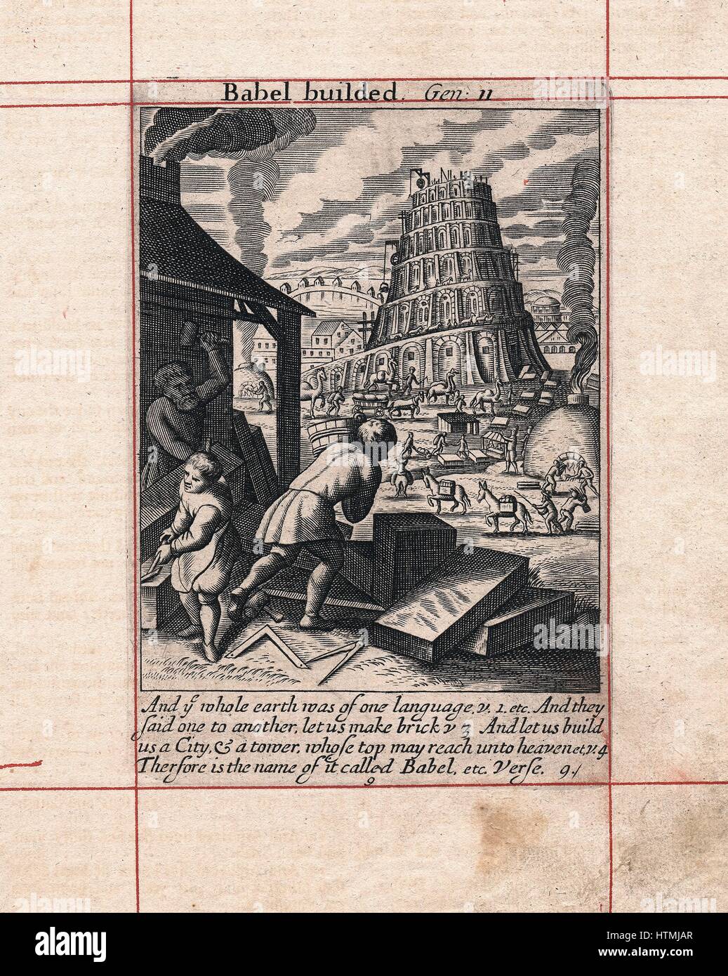Gebäude der Turmbau zu Babel. Bibel: Genesis 2. Ziegel gebrannt in vor-Ort-Öfen, im Vordergrund Maurer sind Arbeiten Steinblöcke. Kupferstich von 1716 Stockfoto