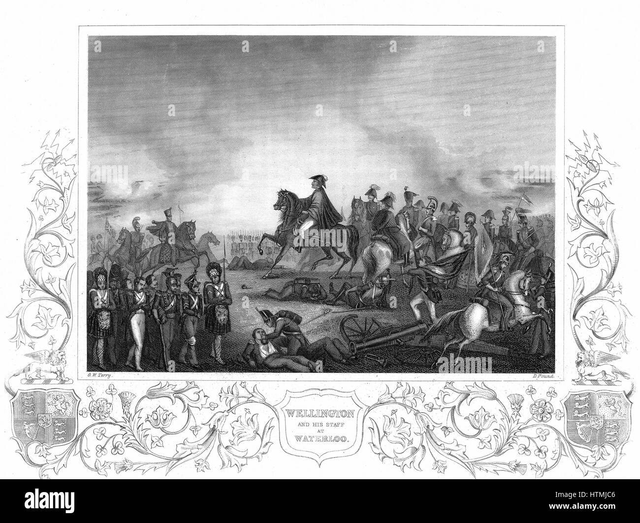 Arthur Wellesley, Herzog von Wellington (1769-1852) mit seinem Stab in der Schlacht von Waterloo 18. Juni 1815. Gravur Stockfoto