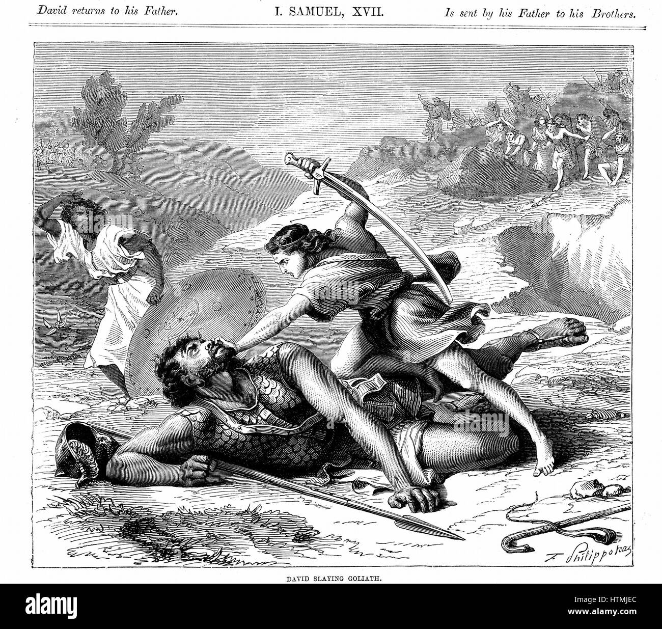 David, das Töten der Philister Riese Goliath. "Bibel" ich Samuel 17. Goliath 6 Ellen (ca. 3 Meter) hoch. Rechts unten ist die Schlinge verwendete David Stein schleudern die Goliath zu Fall brachte. Holzstich-c1870 Stockfoto