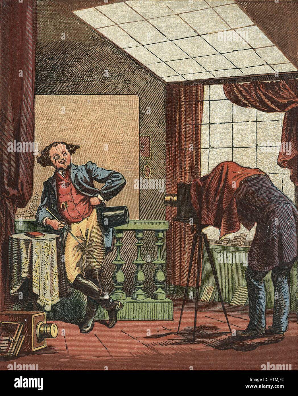 Portrait-Fotograf Studio: Foto mit natürlichem Licht nur von großen Fenster und Dachfenster. Farblitho, Deutschland 1871 Stockfoto