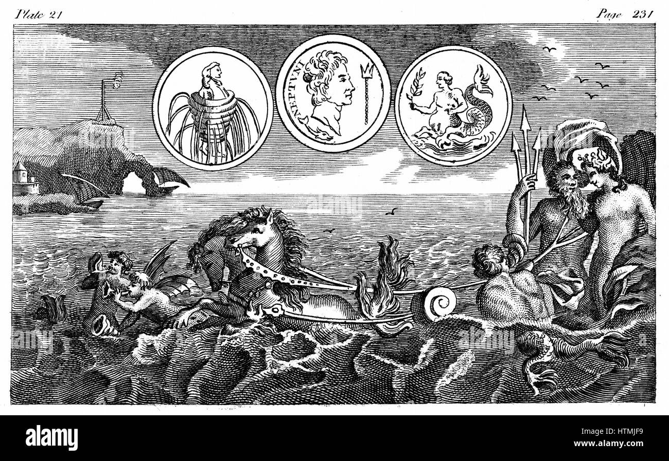 Neptun (griechisch: Poseidon), zog mit seiner dreiköpfigen Speer (Dreizack), in Wagen von Seepferdchen. 18. Jahrhundert Gravur Stockfoto