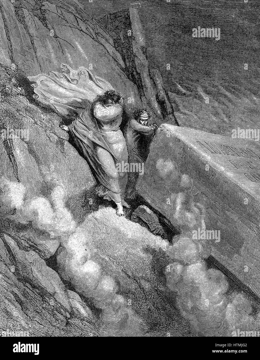Dante und Vergil am Rande des Abgrunds, aus denen ein stinkende Geruch gedämpft auf: Canto XI. Illustration von Gustave Dore für Dante "Inferno", 1863. Holzstich Stockfoto