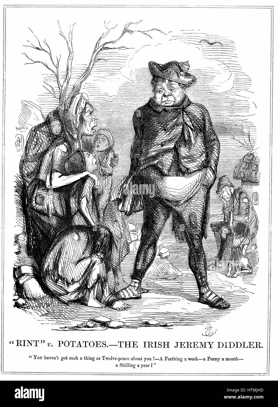 "Rint' v. Kartoffeln - die irische Jeremy Diddler. Daniel O'Connell (1775-1847) irische Politiker weiterhin Aufhebung mieten um Selbstverwaltungbewegung zu finanzieren, während irische Armen hungern zu sammeln. Cartoon aus "Punch", 15. November 1845. Holzstich Stockfoto