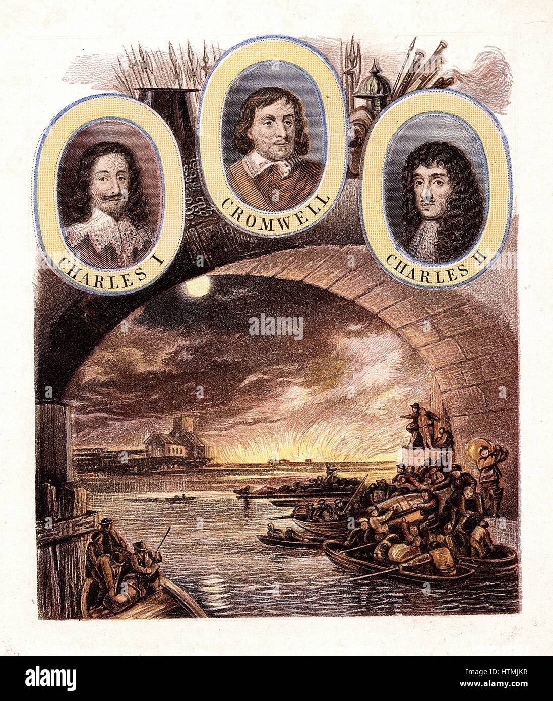 Brand von London 1666: Boote voll von Bürgern, die entgangen Rückblick auf alte St Pauls und der brennenden Stadt von der Sicherheit des südlichen Ufer der Themse. Porträts von Charles ich (1600-49) Oliver Cromwell, Lord Protector (1699-1658) und Charles II (1630-85). Kronheim Farblitho c1865 Stockfoto