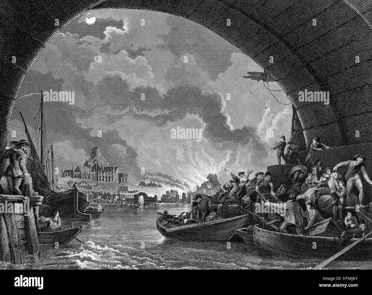 Brand von London - 1666. Alte St. Pauls, zerstört im Feuer, gesehen vom Südufer der Themse. Flüchtlinge aus dem Flammen-Cluster im boats.19th Jahrhundert Gravur. Stockfoto