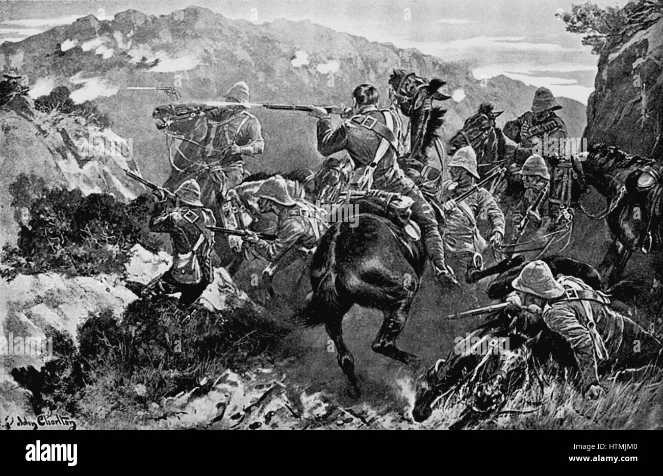 Streikposten der 13. Husaren überrascht in der Nähe der Tugela River (Husaren Hill). 2. Burenkrieg 1899-1902 Stockfoto