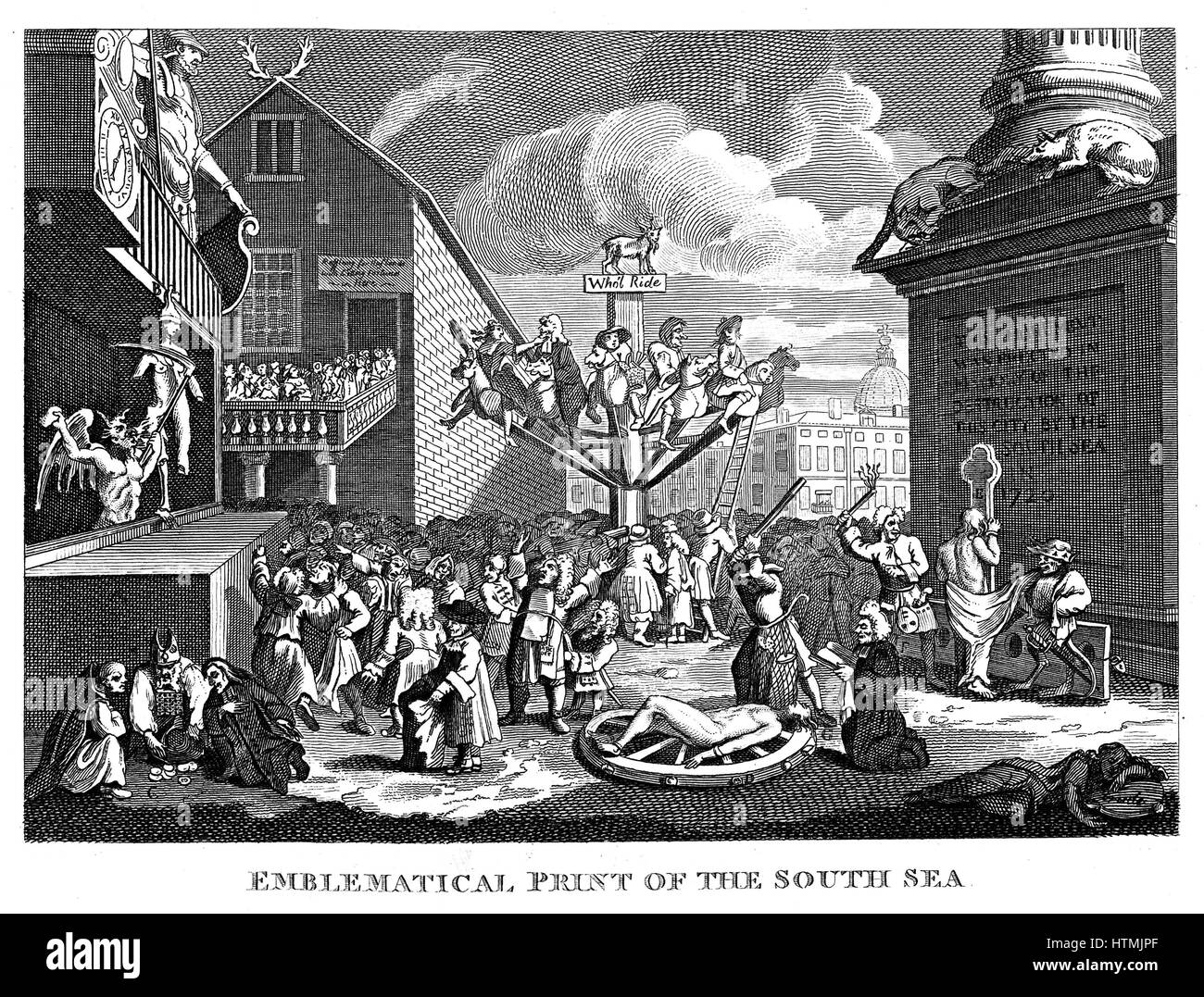 Hogarthss drucken veröffentlichte im Jahre 1721, satirising die South Sea Bubble. Menschen-Warteschlange um Teufels Shop zu betreten, während er Fortune zerschneidet. Kleriker der verschiedenen Konfessionen Gamble (1.foreground) fahren Menschen auf hölzernen Steckenpferd. Ehre ist in der St ausgepeitscht. Stockfoto