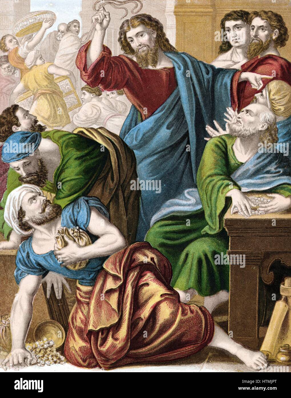 Christus die Geldwechsler aus dem Tempel zu fahren. Matthew: 21. Mitte des 19. Jahrhunderts Farblitho. Farbe Stockfoto
