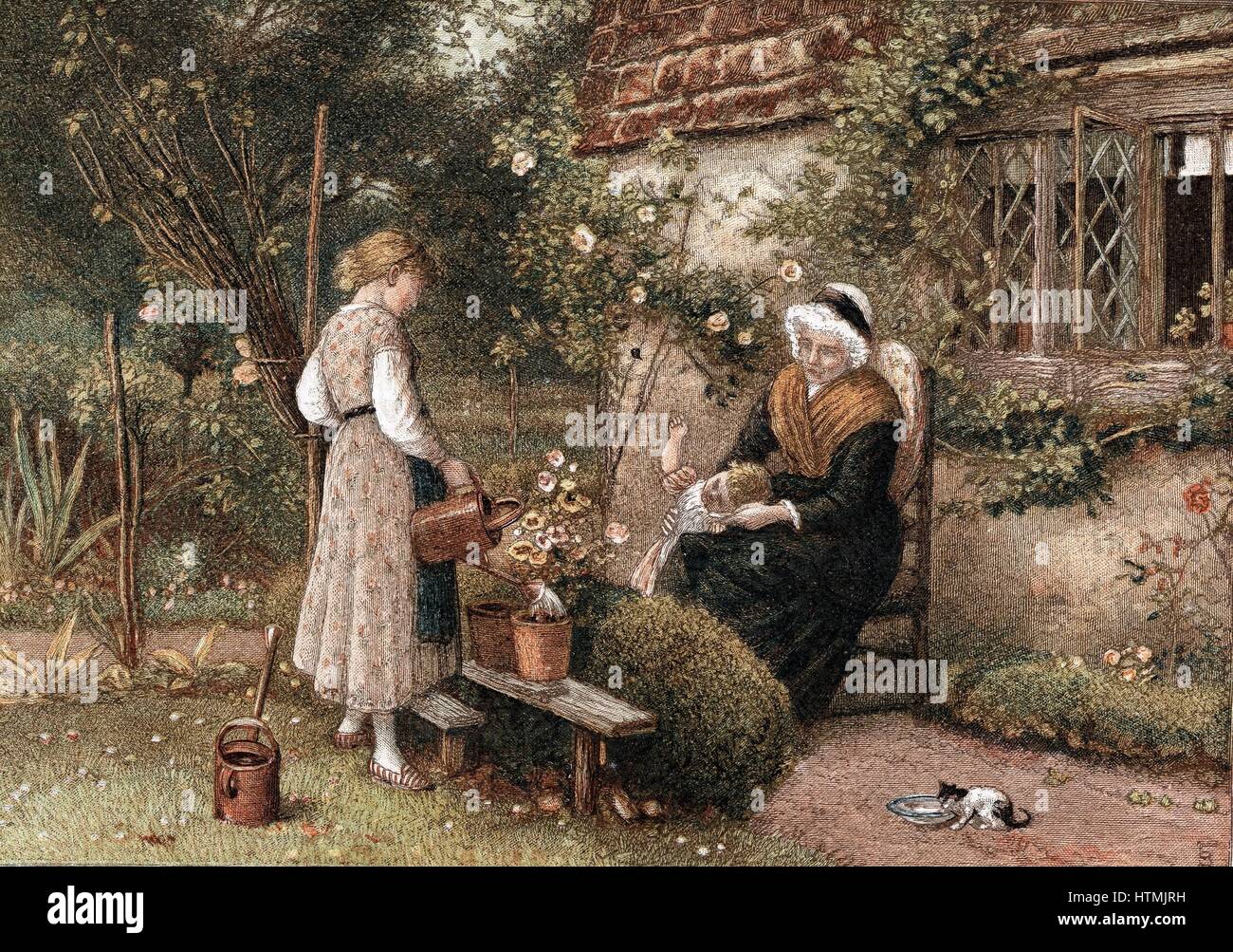 Jugend und Alter. Farblitho nach Gemälde von Myles Birkett Foster (1825 – 1899), englischer Künstler veröffentlicht London 1866. Großmutter in Spitzenhäubchen sitzen im Cottage-Garten mit zwei Enkelkinder. Das Mädchen nutzt Gießkanne Wasser Pflanze im Topf. Kätzchen-dr Stockfoto