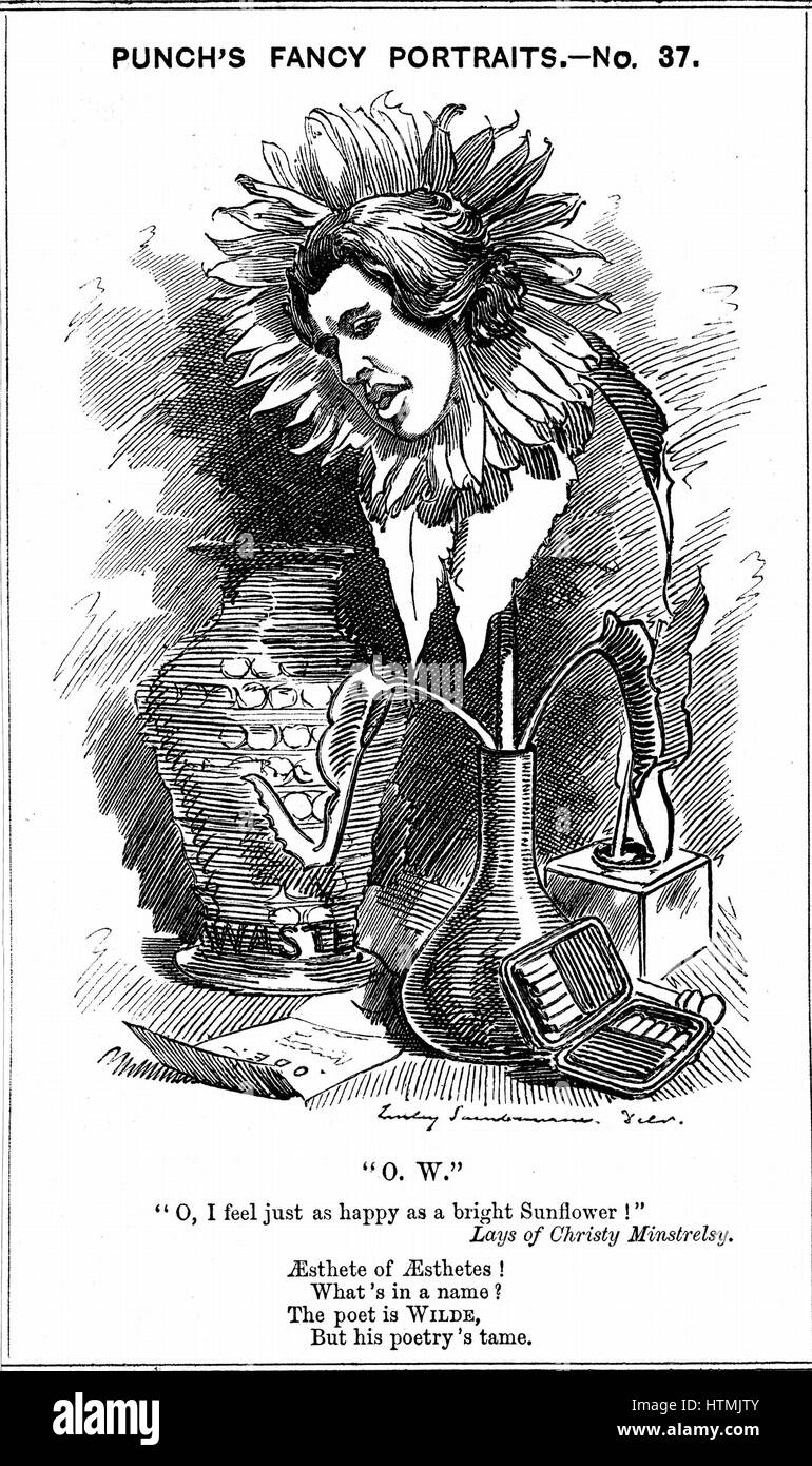 Oscar Wilde (1854-1900) irischer Dramatiker, Schriftsteller, Dichter und Witz. Zeichentrickserie von Edward Linley Sambournes aus seiner 'Fancy Portraits' für 'Punch' London, 25. Juni 1881, zeigt Wilde wie eine Sonnenblume. Holzstich Stockfoto