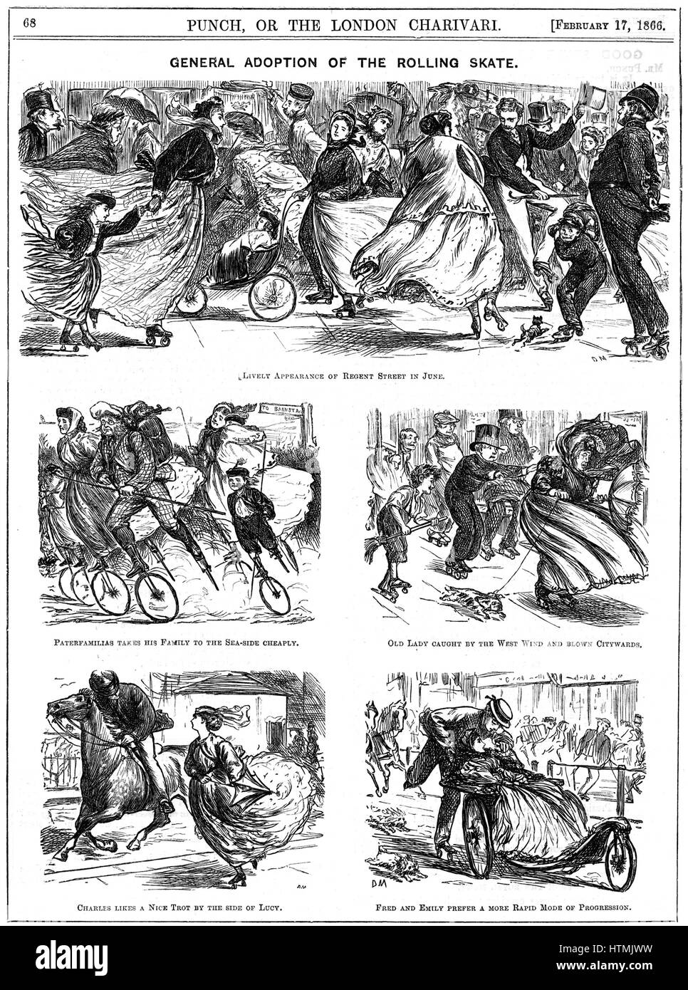 Allgemeine Annahme der rollende Skate. George du Maurier Karikaturen von Punch, 17. Februar 1866. Gravur Stockfoto