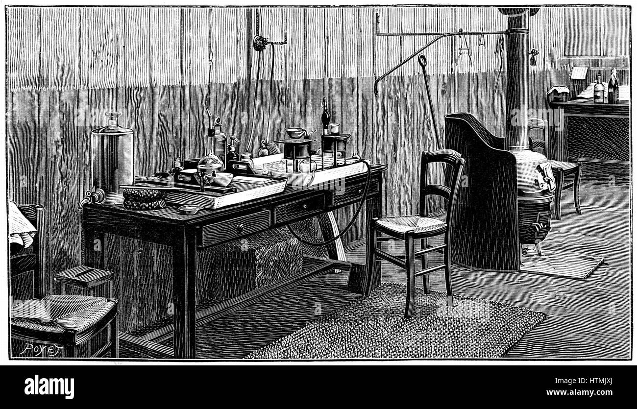 Eine Ecke des Labors von Pierre und Marie Curie, Paris. Gravur veröffentlicht 1904 Stockfoto