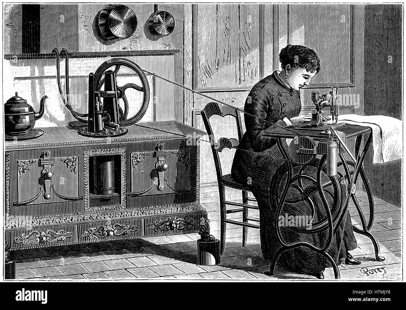 Daussin der Dampf Motor erhitzt auf dem Küchenherd, wird verwendet, um eine Nähmaschine macht. Gravur veröffentlicht Paris, 1883 Stockfoto