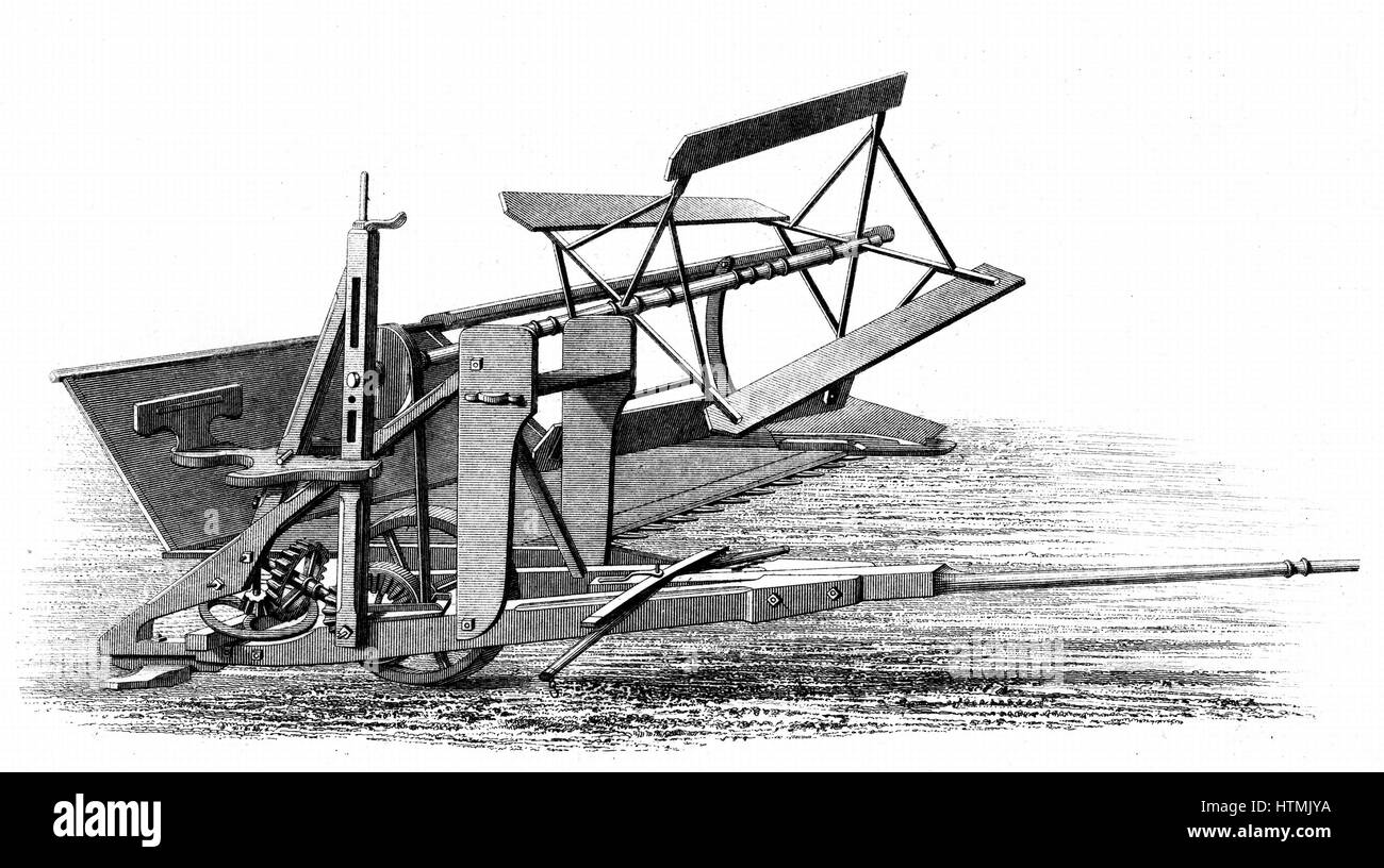 Cyrus McCormicks Mähmaschine (Amerika, 1831), die erste mechanische Reaper im Allgemeinen angenommen werden. Gravur von 1862 Stockfoto