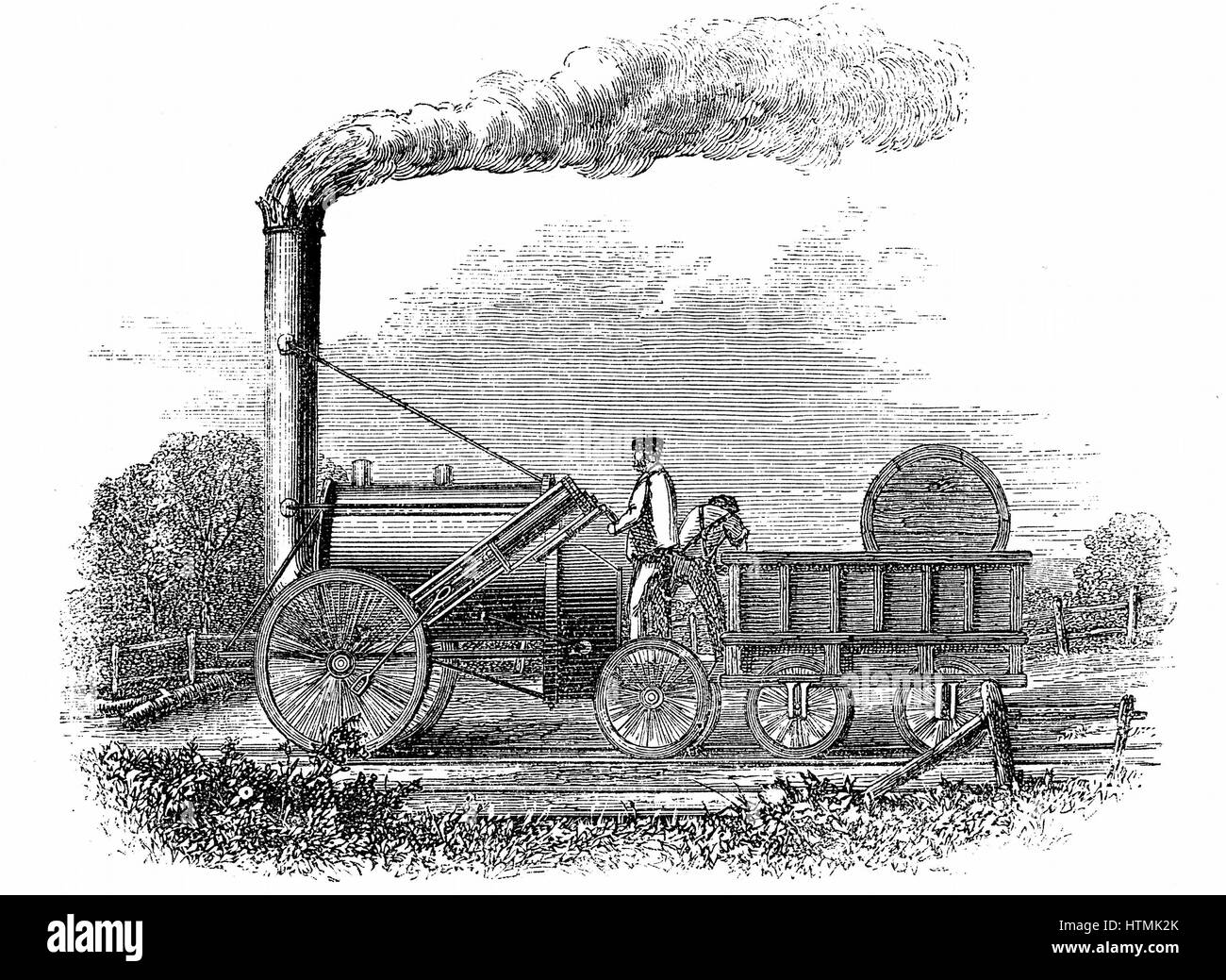 Stephensons Lokomotive "Rocket" gewann Wettbewerb in Rainhill Brücke, Manchester für Lokomotive auf Liverpool & Manchester Railway, 14. Oktober 1829 verwendet werden. Von Samuel lächelt "Die Geschichte des Lebens von George Stephenson" London 1859. Holzschnitt Stockfoto