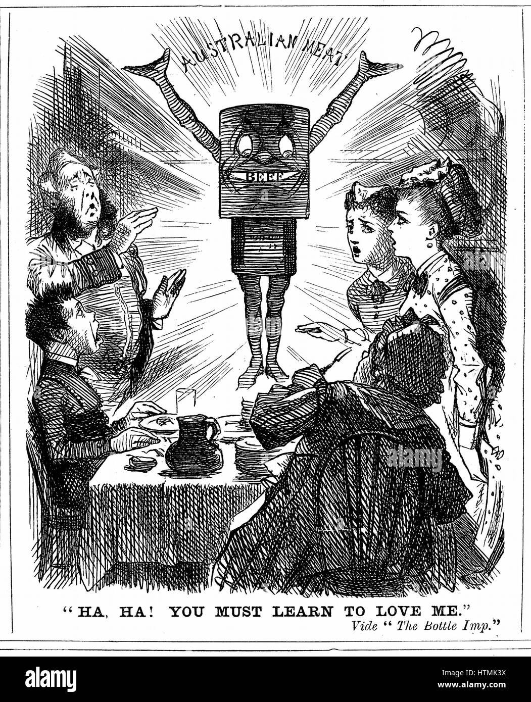 Cartoon aus "Punch" London 1873, der britischen Öffentlichkeit zu sagen, dass sie lernen müssen, Fleischkonserven aus Australien lieben Stockfoto