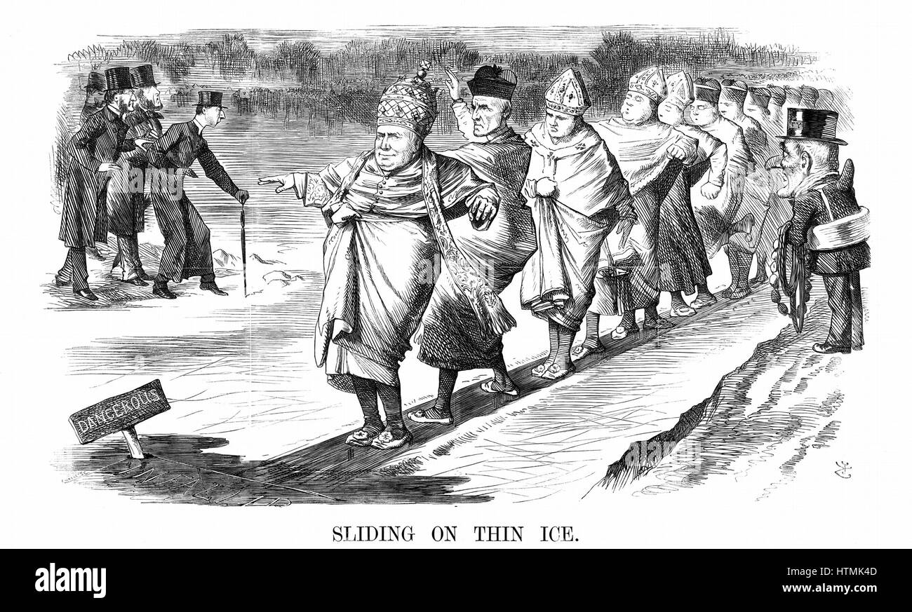 Englisch konvertiert in Rom, einschließlich Newman, Schlittschuhlaufen auf dünnem Eis, links, Pusey und seine Anglo "Rituelle" Freunde testen das Eis vor sich zu engagieren. John Tenniel Karikatur aus 'Punch' London 1869 Stockfoto