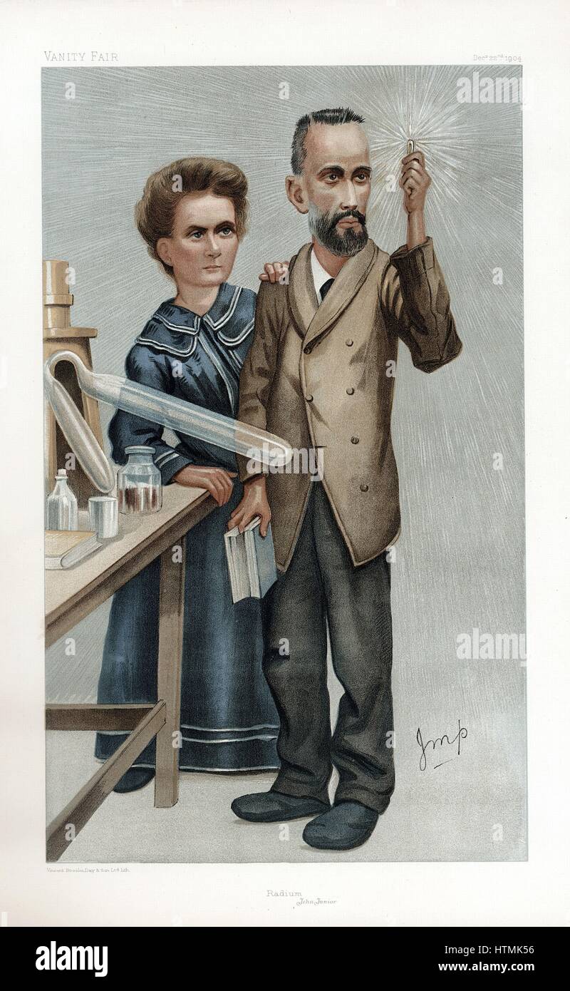 Pierre und Marie Curie. Cartoon von "Vanity Fair", London, Dezember 1904. In 1903 Kurien teilte Nobelpreis für Physik mit Henri Becquerel für Arbeit über Radioaktivität Stockfoto