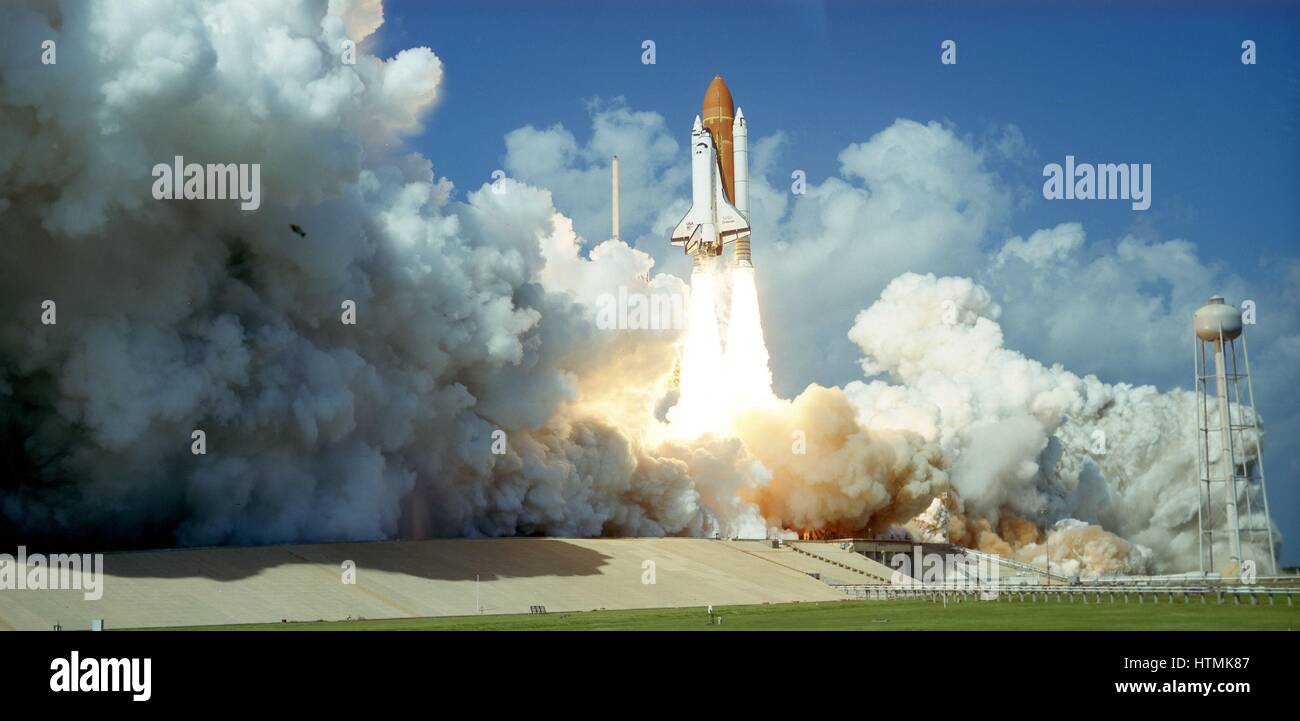 Start des Space Shuttle Challenger, 1985. NASA-Foto. Stockfoto