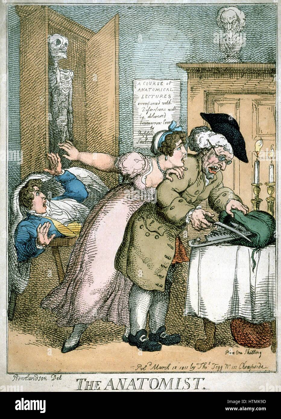 "Der Anatom" Karikatur von Rowlandson veröffentlicht 1811, Terror von Patient und Frau zeigen, wie Chirurgen Tasche Instrumente öffnet. Sie haben gesehen Plakat an Wand & Angst Patienten sterben und für anatomische Demonstration verwendet werden. Gravur Stockfoto