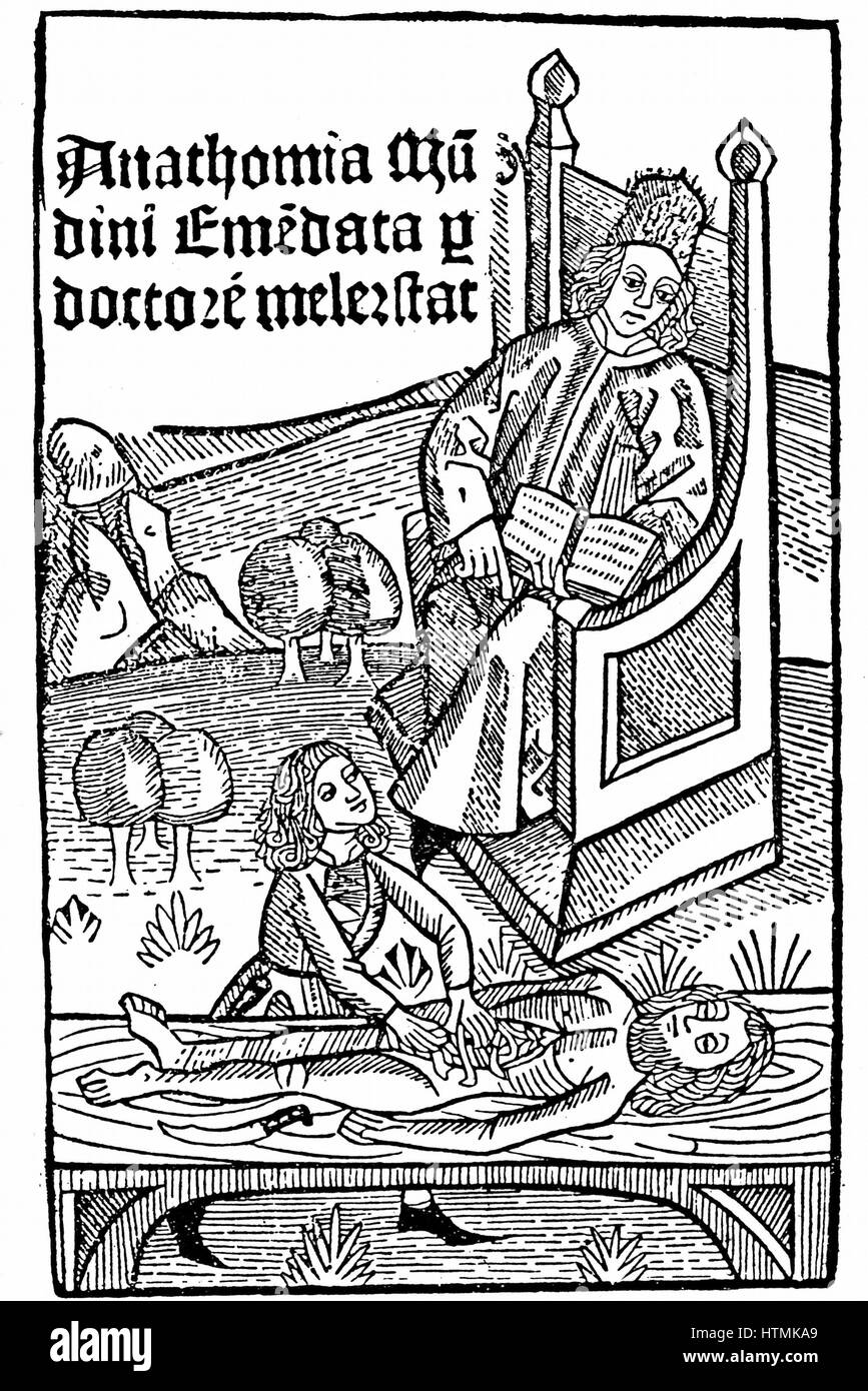 Titelseite von Mondino de ' Luzzi (Mundinus) "Anathomia", herausgegeben von Martin Pollick van Mellerstadt, Leipzig, 1493, Anatomie-Demonstration zeigt. Im Jahr 1316 beendet ist, "Anathomia" erschien im Jahre 1478 in Padua und für mehr als hundert Jahren war t Stockfoto
