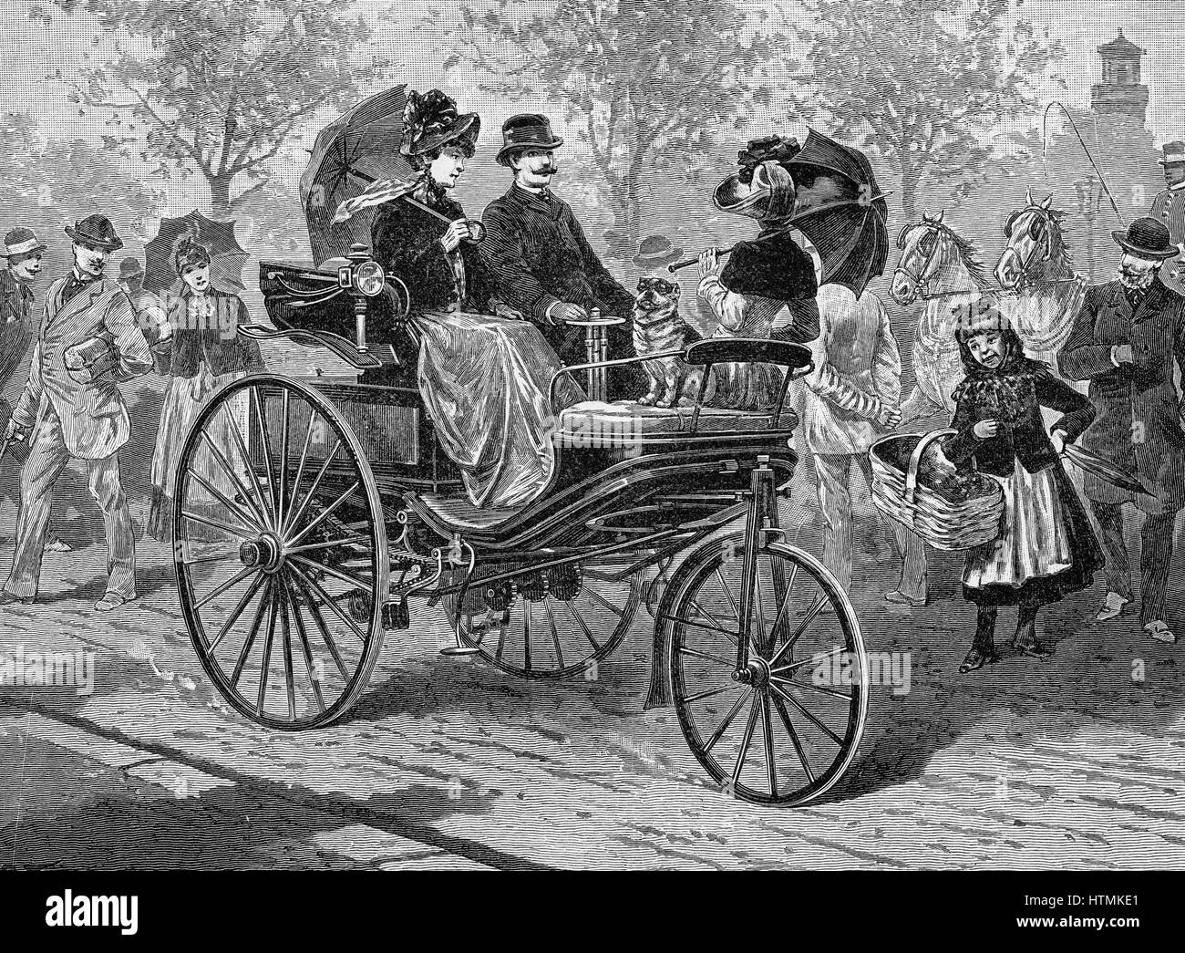 Benzinbetriebene Autos von Benz & Co., in der Lage, 16 km / h. Gravur veröffentlicht Leipzig c.1895 Stockfoto