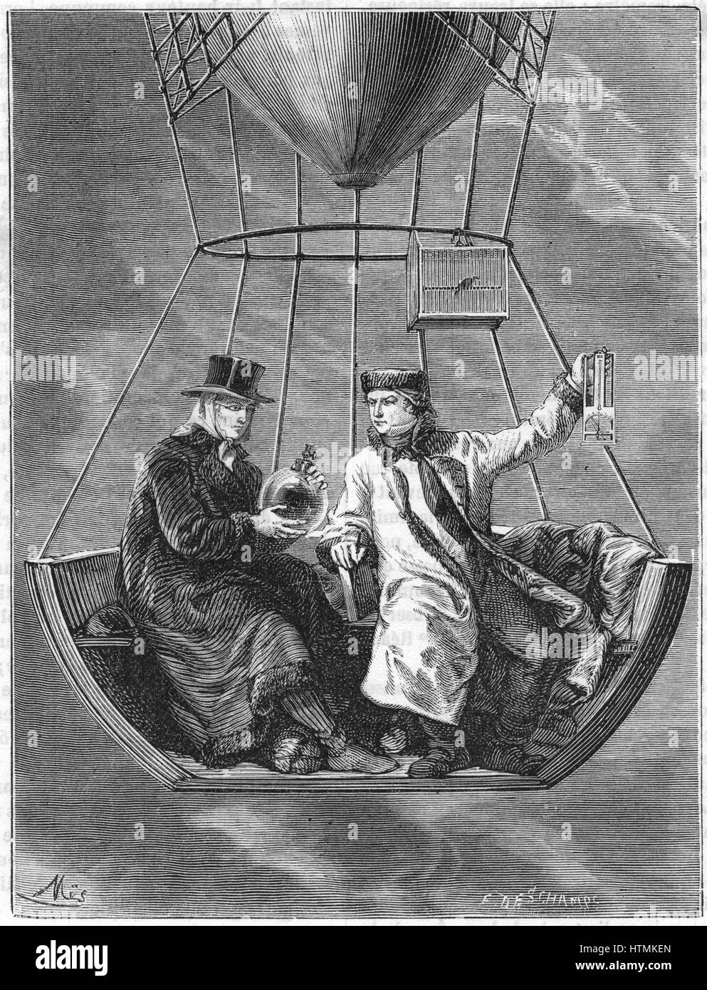 Jean Baptiste Biot (1774-1864) und Joseph Louis Gay-Lussac (1778 – 1850), links, Messungen in einer Höhe von 4.000 Metern während ihrem Ballon Aufstieg des 20. August 1804. Dies war der erste Ballon Aufstieg, die speziell für wissenschaftliche Zwecke. Von Stockfoto