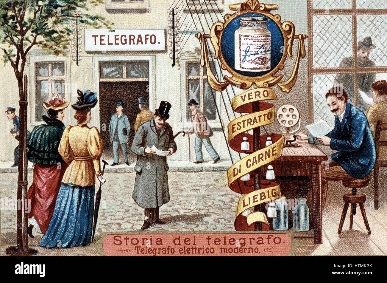 Telegraph Office betrachtet aus Straße einschließlich Mann lesen Nachricht er erhielt (links): innen telegraph Office Betreiber senden Nachricht mit Morse Übertragung Schlüssel (rechts) während der Kollege am Fenster befasst sich mit einem Kunden zu zeigen. Unter Operator desk Stockfoto