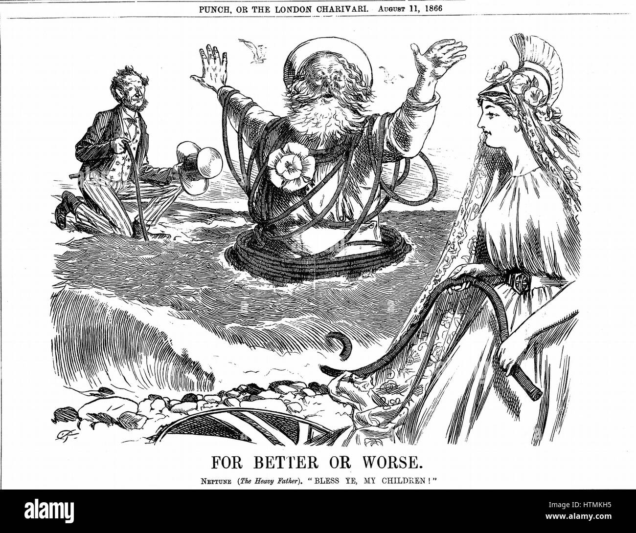 Atlantic Telegraph: Vater Neptune Segen Britannia und Uncle Sam auf die erfolgreiche Verlegung des Atlantic Telegraph Kabels. Cartoon 'Punch' London 11. August 1866 Stockfoto