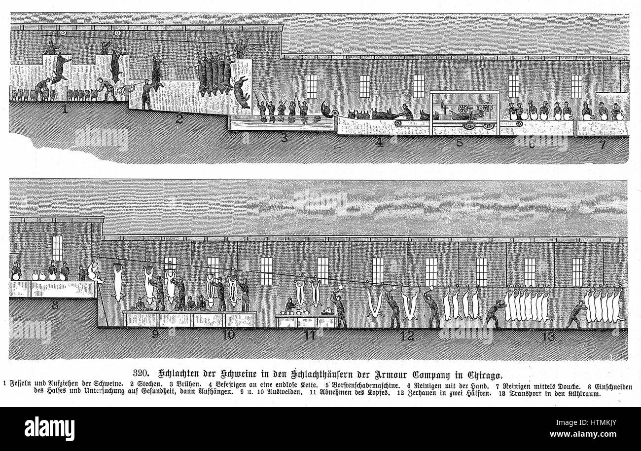 Einer der frühesten Produktionslinien: Armour Unternehmens Schwein Schlachthof, Chicago. Schweine, die Rampe hinauf zur Spitze des Gebäudes ging geschlachtet (1) dann ging durch verschiedene Prozesse in der Produktion bis sie entstanden als fertige Schlachtkörper (13) veröffentlichten Leipzig 1895 Diagramm Stockfoto