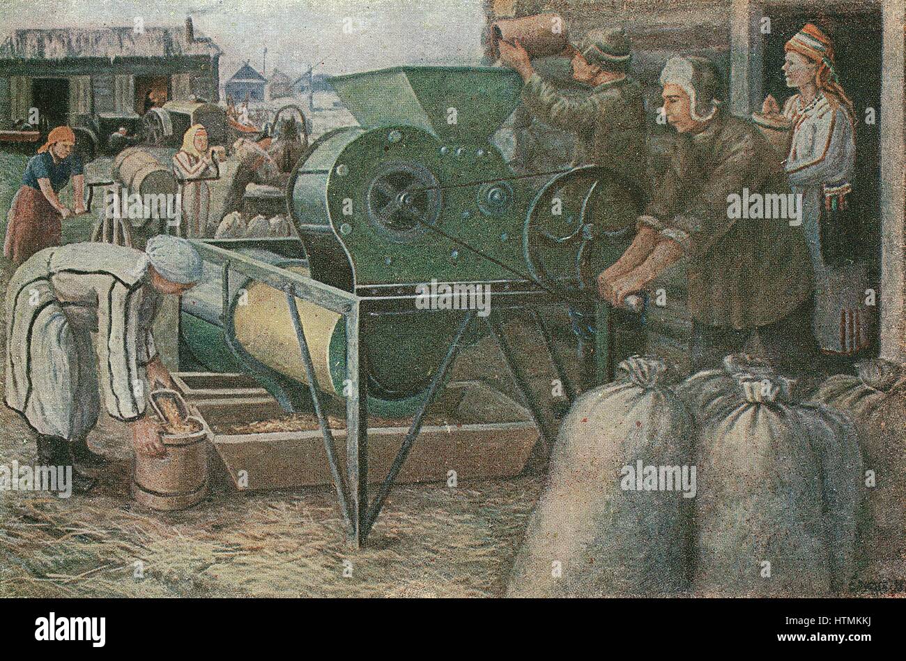 Der Kampf für die Ernte: Sortierung der Samen in einer Kolchose Mordwa. Russische Postkarte 1933 nach Gemälde von Jeroushew Stockfoto