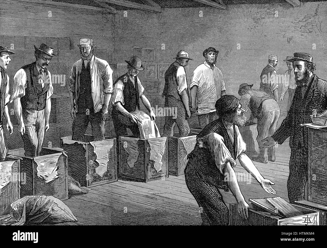 Tee-Lager der Osten & West India Dock Company, London. Nachfüllen Teekisten nach Füllstoff (Remixen nach Reise wie kleinere Blätter & Staub auf Grund von Truhen im Durchgang arbeitete) Holz Gravur, 1874 Stockfoto