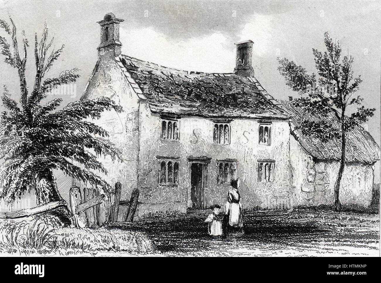 Woolsthorpe Manor, in der Nähe von Grantham, Lincolnshire, Geburtsort von Isaac Newton (1642-1727). Gravur von Dugdale "England und Wales abgegrenzt" 1840 Stockfoto
