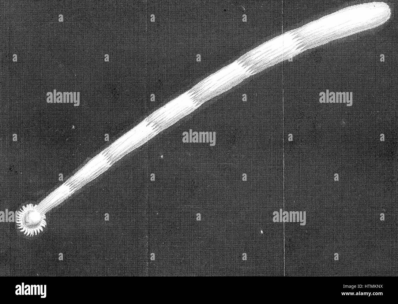 Große Komet von 1680 (Kirch) als es erschien, als es die Sonne Newton näherte berechnet, es war bei 88.000 km/h unterwegs und, dass es so ging in der Nähe der Sonne, die zu einer Zeit es nur 1/6 des Durchmessers der Sonne von seiner Oberfläche war. Kupferstich Stockfoto
