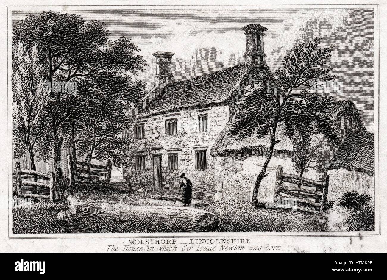 Woolsthorpe Manor, in der Nähe von Grantham, Lincolnshire, England, Geburtsort von Isaac Newton (1642-1727) Anfang des 19. Jahrhunderts Kupferstich Stockfoto