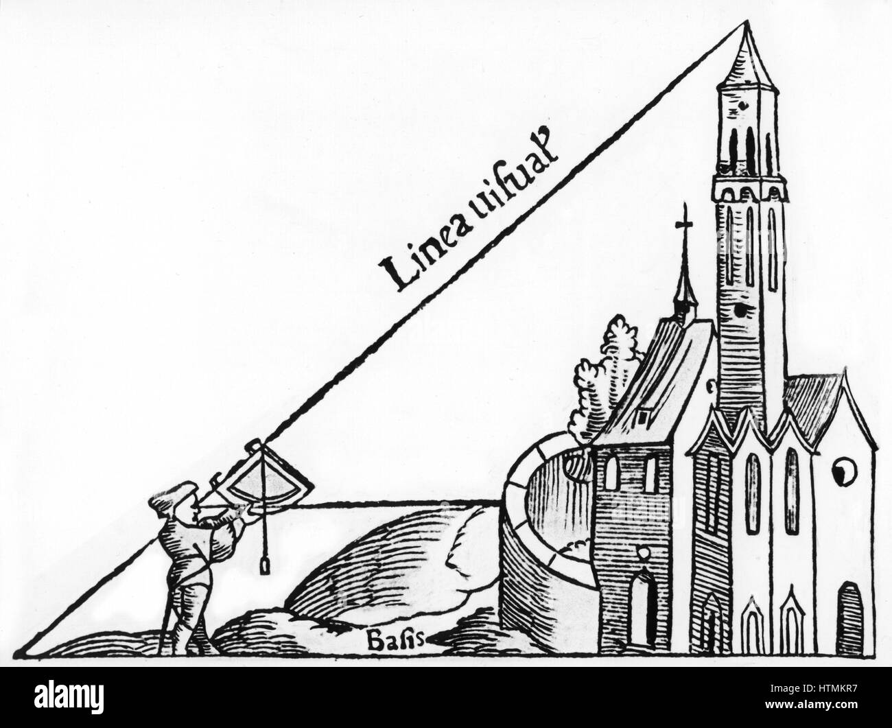 Verwendung von einem Quadranten mit einem Senklot zur Berechnung der Höhe eines Turmes durch Triangulation. Von Sebastian Münster "Rudimenta Mathematica", Basel 1551. Holzschnitt Stockfoto