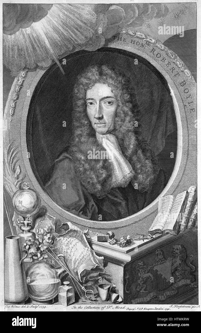 Robert Boyle (1627-1691) folgten Chemiker und Physiker. Kupferstich von 1739 von englischen Grafiker George Vertue (1684-1756) nach Porträt des deutschen Malers Johann Kerseboom (fl1680). Stockfoto