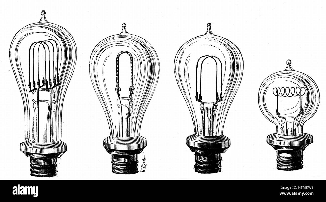 Edisons Glühlampen zeigen verschiedene Formen der Carbonheizfadens. Von "Les Nouvelles Conquetes De La Science, Paris, 1883. Gravur Stockfoto