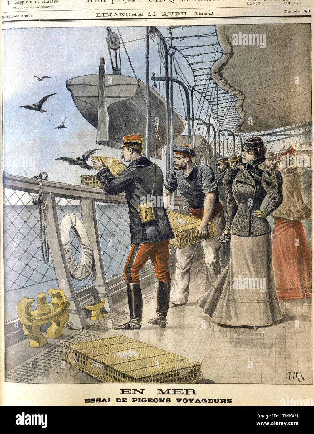 Freigabe der französischen Armee Brieftauben an Bord der transatlantischen Liner "La Bretagne" zwischen Le Havre und New York. Von "Le Petit Journal", Paris, 10. April 1898. Stockfoto