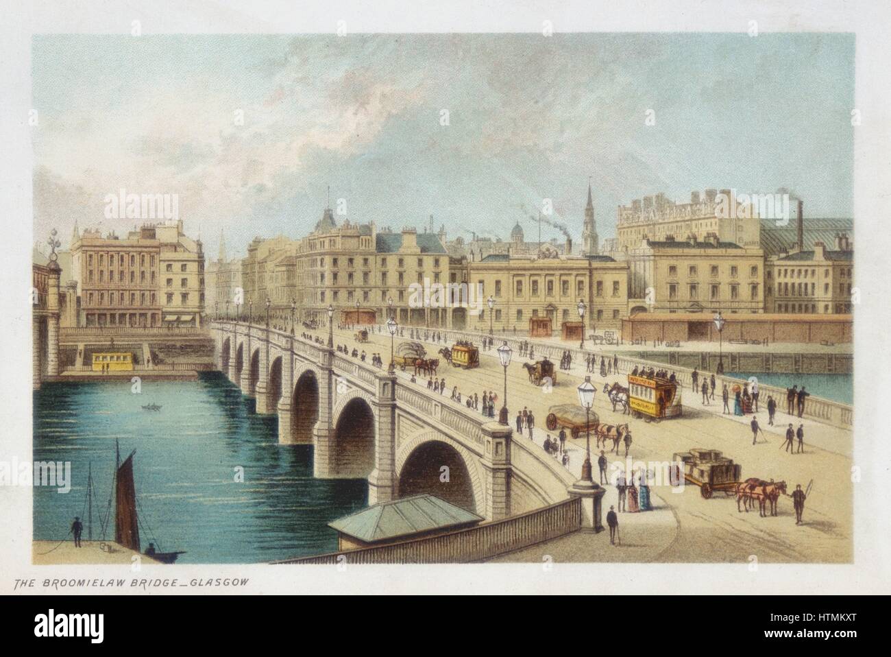 Thomas Telford Brücke über den Clyde in Broomielaw, Glasgow. Seine letzte Steinbrücke begonnen 18. März 1833, eröffnet 1Januar 1836. Pferd Straßenbahnen Brücke überquert haben. Farblitho veröffentlicht 1891. Stockfoto
