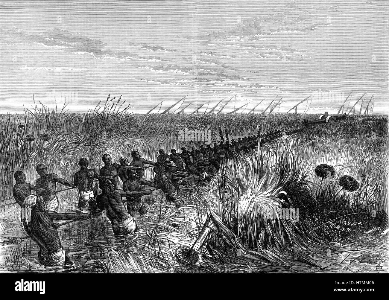 Samuel White Baker (1821-1893) englische Explorer und Anti-Sklaverei-Kämpferin. Bakers Dampfer wird durch Stecklinge im Fluss Rasen während seiner Expedition den Weißen Nil hinauf geschleppt. Holzstich von "The Illustrated London News" 1874 Stockfoto